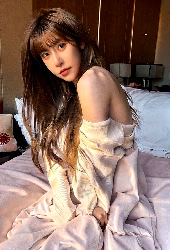 top-quality、超A high resolution、(Photorealsitic:1.4)、1人、Hotel、White cotton bathrobe、Chest wide open、(brown haired:1)、(huge-breasted:1.0)、looking at viewert、(on the beds)、Dog Pose、