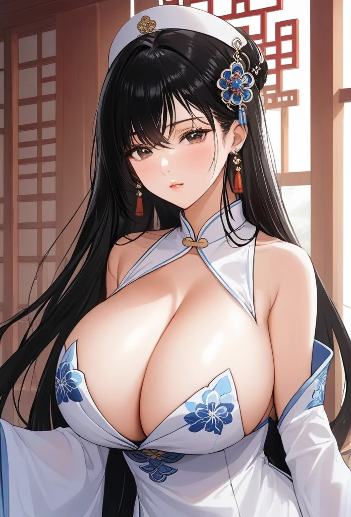 Yue mingkong, 1girl, solo, long hair, black hair, bare shoulders, jewelry, earrings, dress, chinese clothes, white dress, cleavage, hair ornament, big breast, detached sleeves  , headwear