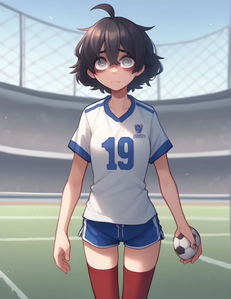 1 girl, alone, ppka, black fur, short hair, messy fur, Ahoge, parts, parts por todo el cuerpo, grey eyes, blind eyes, kind eyes, very nervous, looking at the viewer,
Football, ​​Mexican national team uniform, tennis, red stockings, high stockings, short blanco, mini short, Mexican national team shorts,(uniformer de la seleccion mexicana) green t-shirt, Mexican national team shirt, football in balloon, soccer field