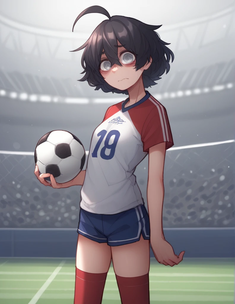 1 girl, alone, ppka, black fur, short hair, messy fur, Ahoge, parts, parts por todo el cuerpo, grey eyes, blind eyes, kind eyes, very nervous, looking at the viewer,
Football, Mexican national team uniform, tennis, red stockings, high stockings, short blanco, mini short, Mexican national team shorts,(uniformer de la seleccion mexicana) green t-shirt, Mexican national team shirt, football in balloon, soccer field