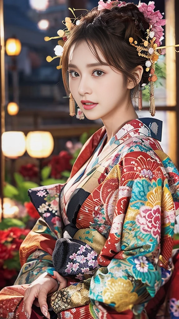 (8K、RAW Photosgraphy、Highest quality、masterpiece:1.2)、(Realistic、Realistic:1.37)、Ultra-high resolution、One Girl、cute、alone、night、Sitting、date、(Nose redness)、(Laughter:1.1)、(Closed)、Huge 、Beautiful Eyes、(short hair:1.2)、(((Fireworks bursting into the sky、night)))、(((kimono、yukata)))、Cleavage、Perfect body、Perfect Fingers、Professional Lighting、Japanese Goddess、gravure、Detailed face and skin texture、fine grain、RAW Photos
