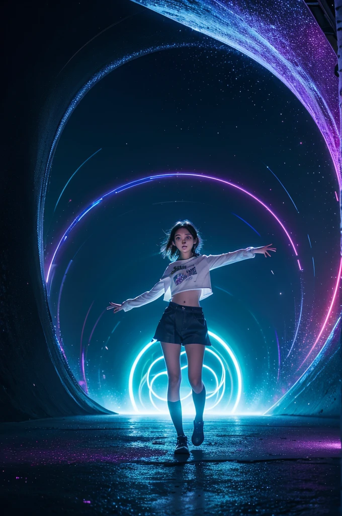 "A young girl stands before a shimmering portal, her hand outstretched tentatively. The portal crackles with energy, swirling colors of blue and purple enticingly. She takes a deep breath, her eyes wide with excitement and a hint of fear, before stepping forward courageously, disappearing into the unknown."