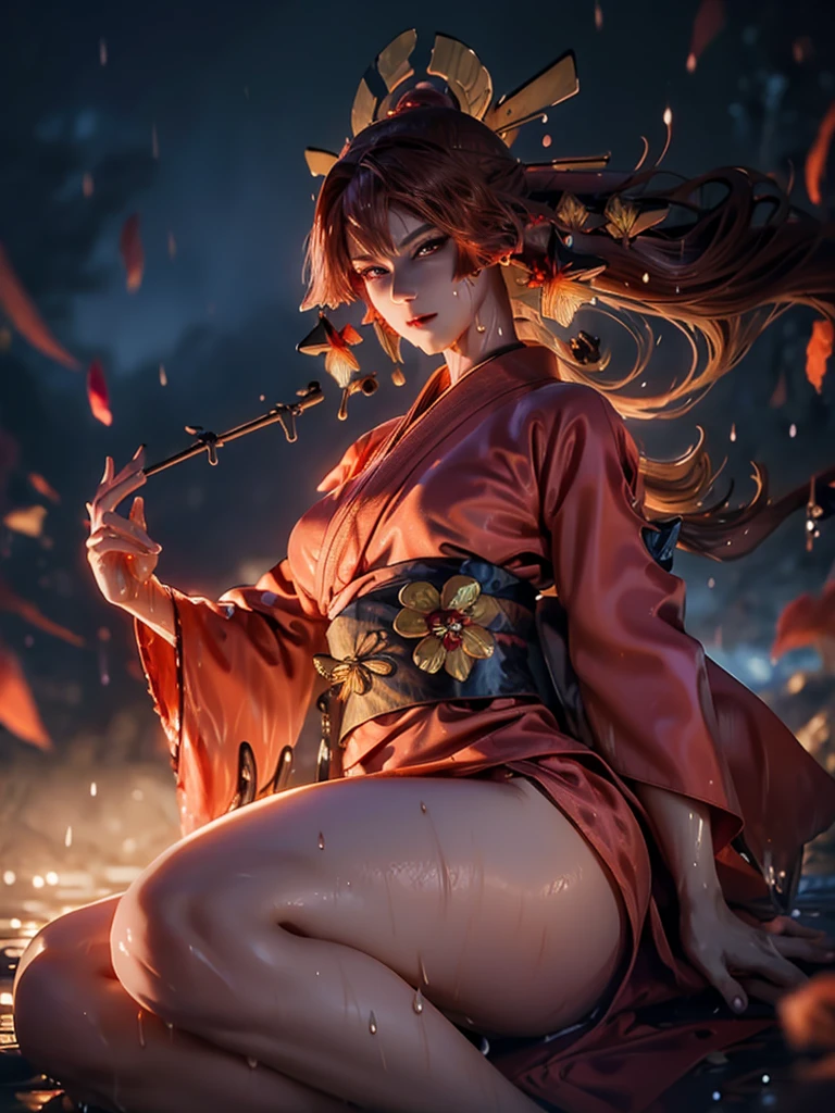 (exquisitely detailed CG unity 8k wallpaper, masterpiece-quality with stunning realism), (best illumination, best shadow), (best quality), (elegant style:1.2), Arti modern anime. angled view, heroic pose, midshot, (cel-shading style:1.3), centered image, ultra detailed closeup portrait of (Mai Shiranui:1) from (King of Fighters), best quality, expressive eyes, perfect face, highres, (ultra details), 1 girl, solo, (brown hair:1), hair ornament, eyeshadow, gold, white and red qipao, highly ornamented, in the city of Japan, portrait, looking at the viewer, piercing eyes, full body, (light from the angle:1) (wind blowing:1.2).(depth of field effects:1.3) (motion action:1.2) (closeup:1.2) (motion blur effects:1), spreading feet, Thin to transparent,see-through,(((Soggy-kimono:1.2))),Lace fabric, (((water-immersed body: 0.9))),jewelry, (lying down:1) (holding an oriental fan:1), (hands down:1)