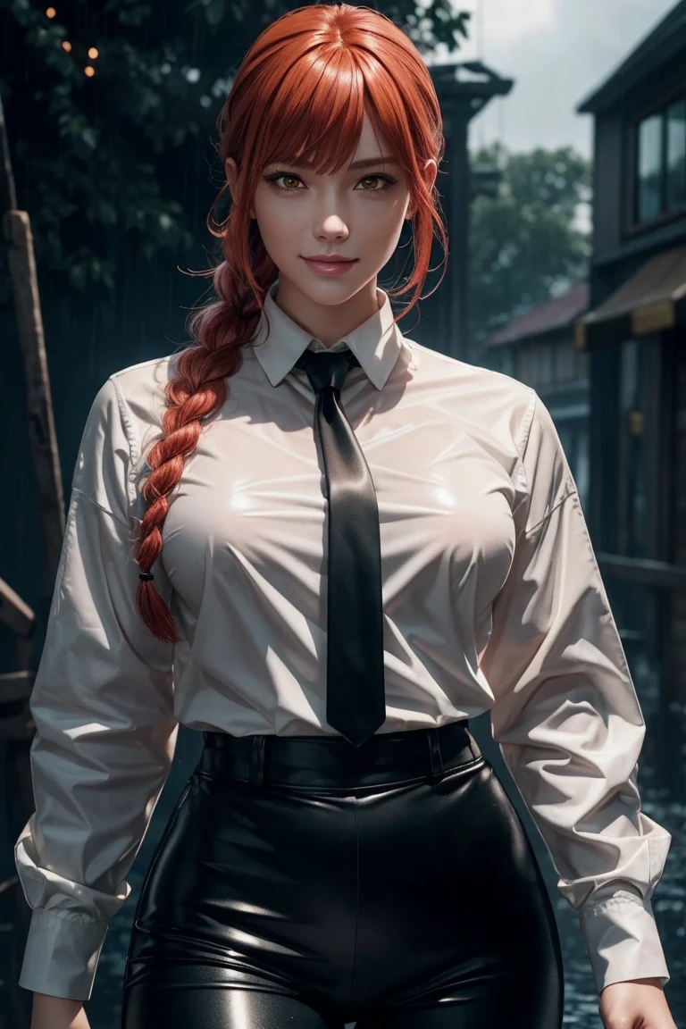 Chainsaw Man,Makima,With bangs,Red Hair,Braids at the back,Yellow eyes,White long sleeve shirt,Black tie,Black Leather Pants,Ultra HD,super high quality,masterpiece,Digital SLR,Photorealistic,Detailed details,Vivid details,Depicted in detail,A detailed face,Detailed details,Super Detail,Realistic skin texture,Anatomical basis,Perfect Anatomy,Anatomically correct hand,Anatomically correct fingers,Complex 3D rendering,Sexy pose,Rainy Sky,Beautiful scenery,Fantastic rainy sky,Picturesque,Pink Lips,smile,