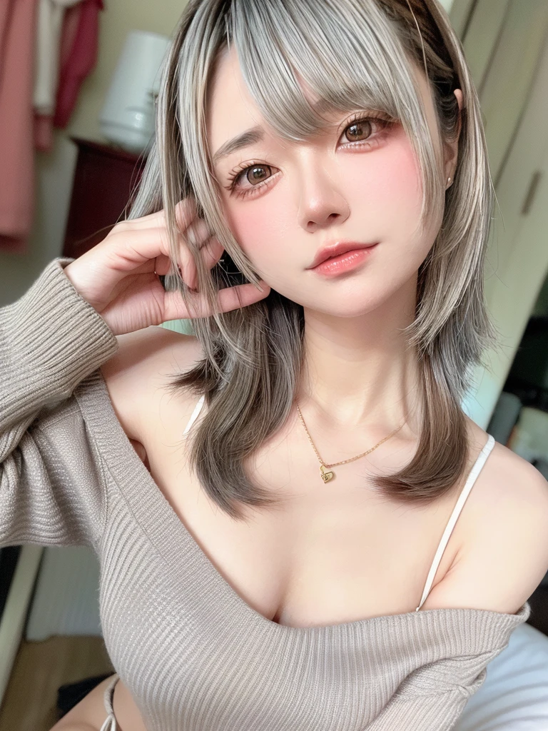 8K, RAW Photos, Fujifilm, Beautiful 20 year old woman style photo, (((Gray Hair:1.3,美しいGray Hairのストレートヘアー、シルキーなGray Hair)))、((( Wearing a white off-the-shoulder dress:1.5,))) Gold earrings, (Highly detailed skin: 1.2), Light medium brown hair, Film Grain, 35mm, Cute Style、On the bed、Take a selfie with your phone、Right breast coming out