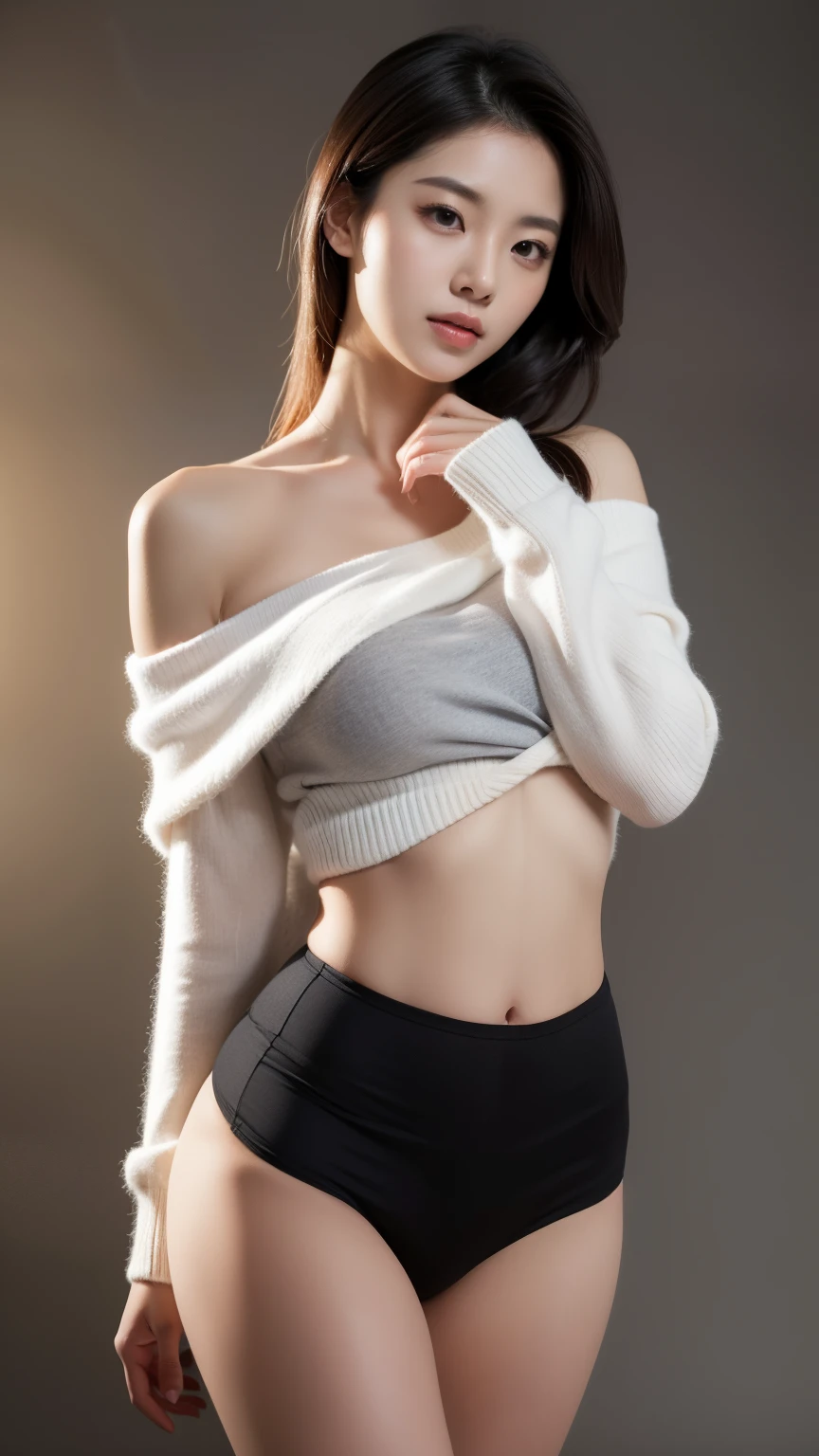 asian babes, She is wearing a casual soft white sweater., comfortable neckline.. ((One shoulder is draped)), Slim shoulders exposed by black bra trap, 그녀의 피부에 빛나는 효과를 만들어내는 빛의 beam에 의해 강조됨. , medium shot , beam, Warm atmosphere , Light through the hair, ((medium shot, whole body, slim waist)), I grew my hair out too、 shining eyes, blush, Karl Larsson, Alphonse a lot, Chiaroscuro, film glen, reflected light, (((long shot))), from the knees up,long shot show (((whole body))), masterpiece, high details, ((gray background, studio lighting ))
