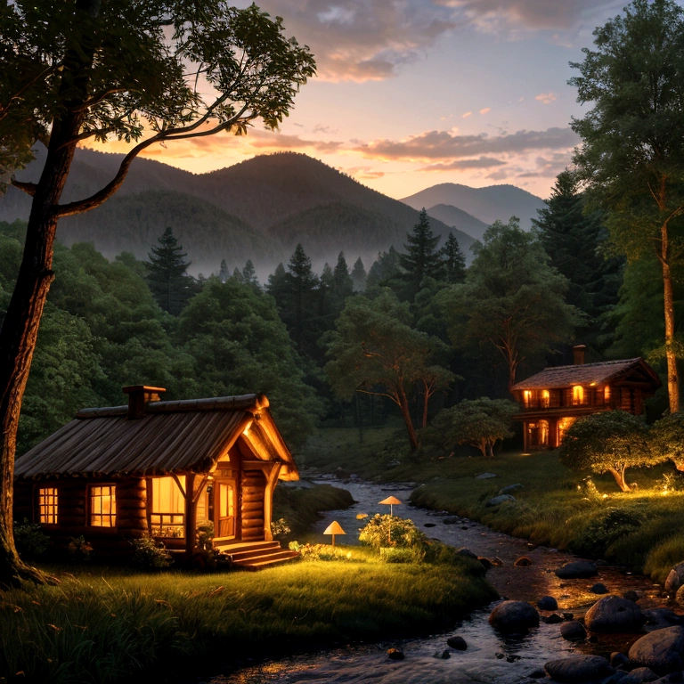 Masterpiece, (8k wallpaper) , (best quality), perfect quality, In the distance a thick forest with mountains, in the foreground a mushroom-shaped house and the windows are lit with orange light. Around this house there is grass with rocks and a small river.