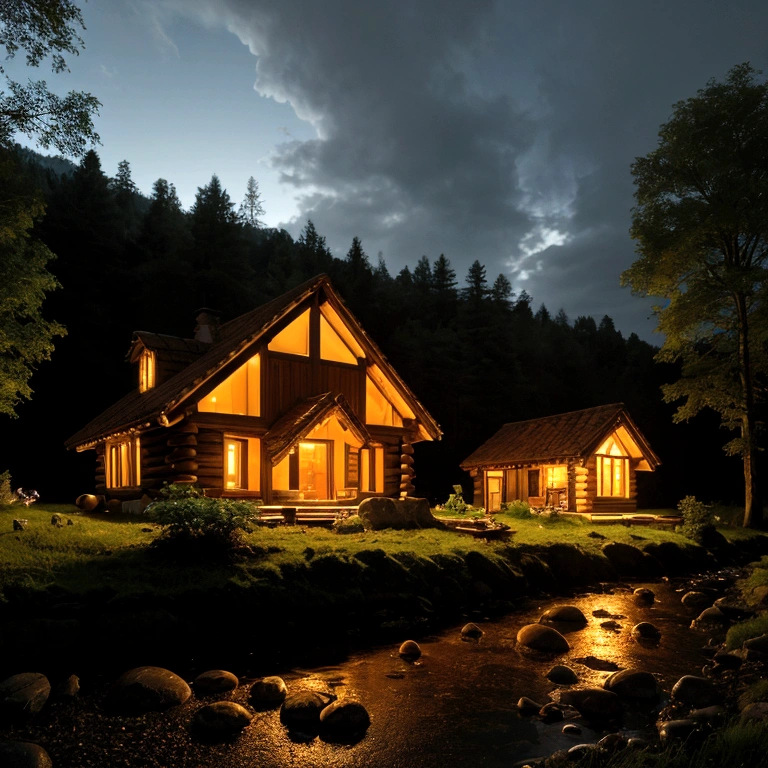 Masterpiece, (8k wallpaper) , (best quality), perfect quality, In the distance a thick forest with mountains, in the foreground a mushroom-shaped house and the windows are lit with orange light. Around this house there is grass with rocks and a small river.