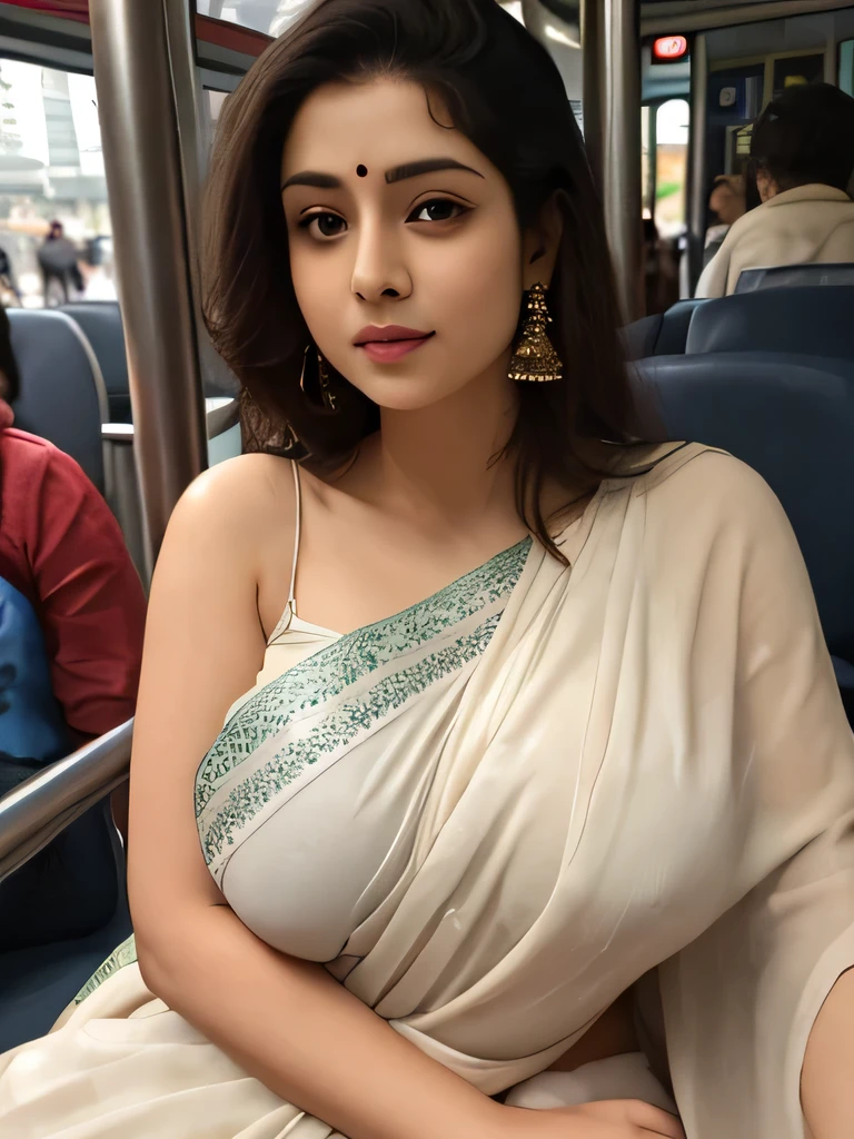 a lady(wearing saree (huge breasts:0.8), (saggy breasts: 1), (cleavage: 0.5)))sitting in public transport. Very realistic skin. Very beautiful face. She is giving sexy down blouse pose.