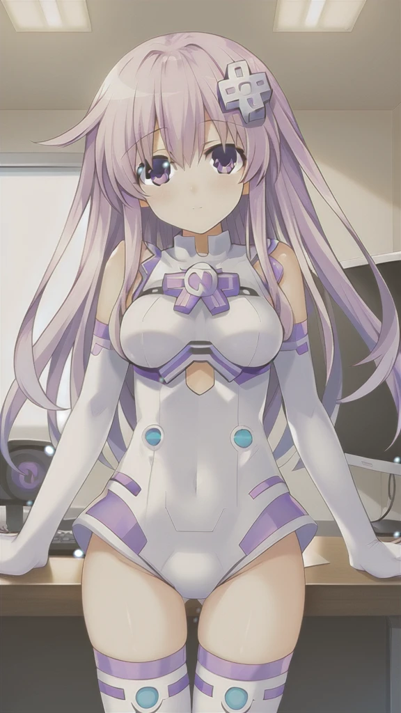 (masterpiece, best quality, illustration, game cg), solo, 1girl, nepgear, d-pad hair ornament, white leotard, elbow gloves, white thighhighs, lilac hair