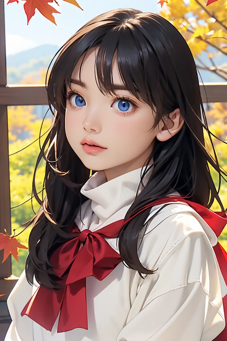 (masterpiece), Highest quality, Super detailed, figure, Warm lighting, Soft lighting, Bright colors, 1 Girl, alone,( beautiful girl, Long Hair, blue eyes, ribbon, Brown Hair, Hair between the eyes, hair ribbon, Side Lock, very Long Hair, Messy Hair,) , autumn, Lots of maple trees, maple leaf, Golden Leaf, autumn leaves, Dry leaves, river, Fresh air, peace, Cool breeze , Sweater Weather,( Wear a white or brown sweater, Red scarf, melancholyなautumn, Lost in Thought, melancholy, sad ,Worried, longing,)