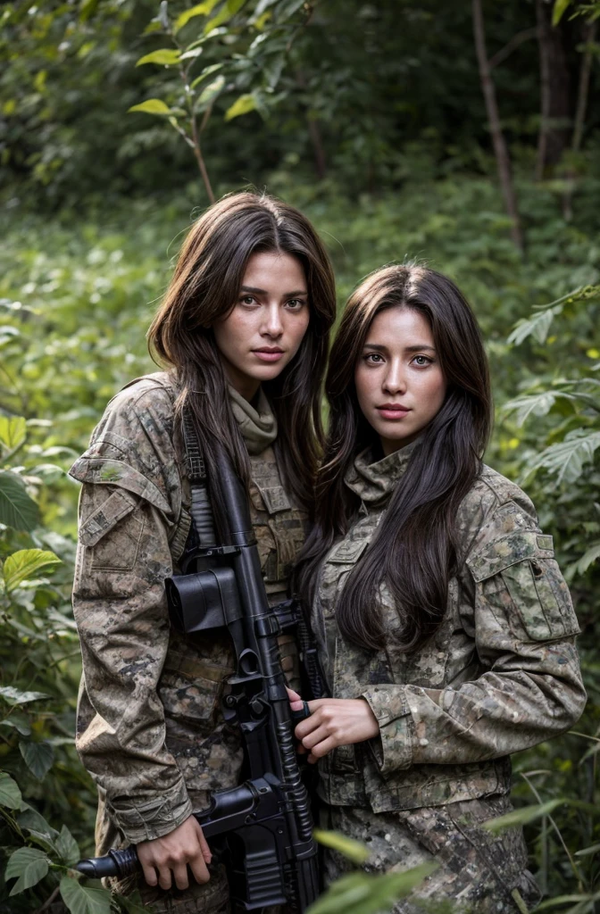 4K image of a female sniper and next to her a male sniper hiding in the leaves., Wearing a ghillie suit., Wearing a sniper style camouflage uniform. ,Dark color, Masterpiece, Soft lighting and atmosphere, (god light)