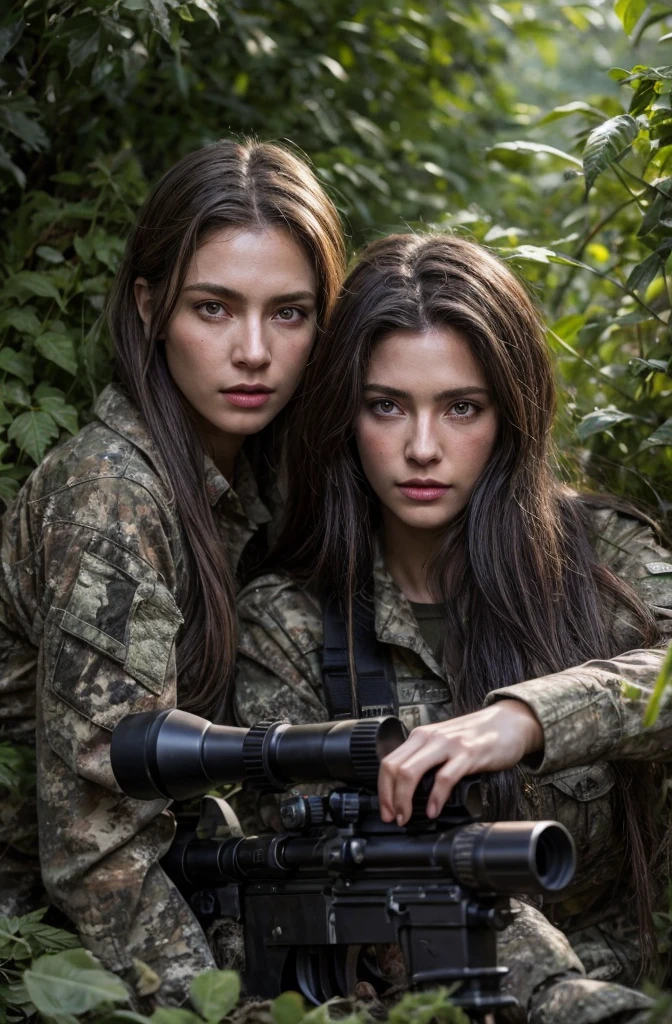 4K image of a female sniper and next to her a male sniper hiding in the leaves., Wearing a ghillie suit., Wearing a sniper style camouflage uniform. ,Dark color, Masterpiece, Soft lighting and atmosphere, (god light)
