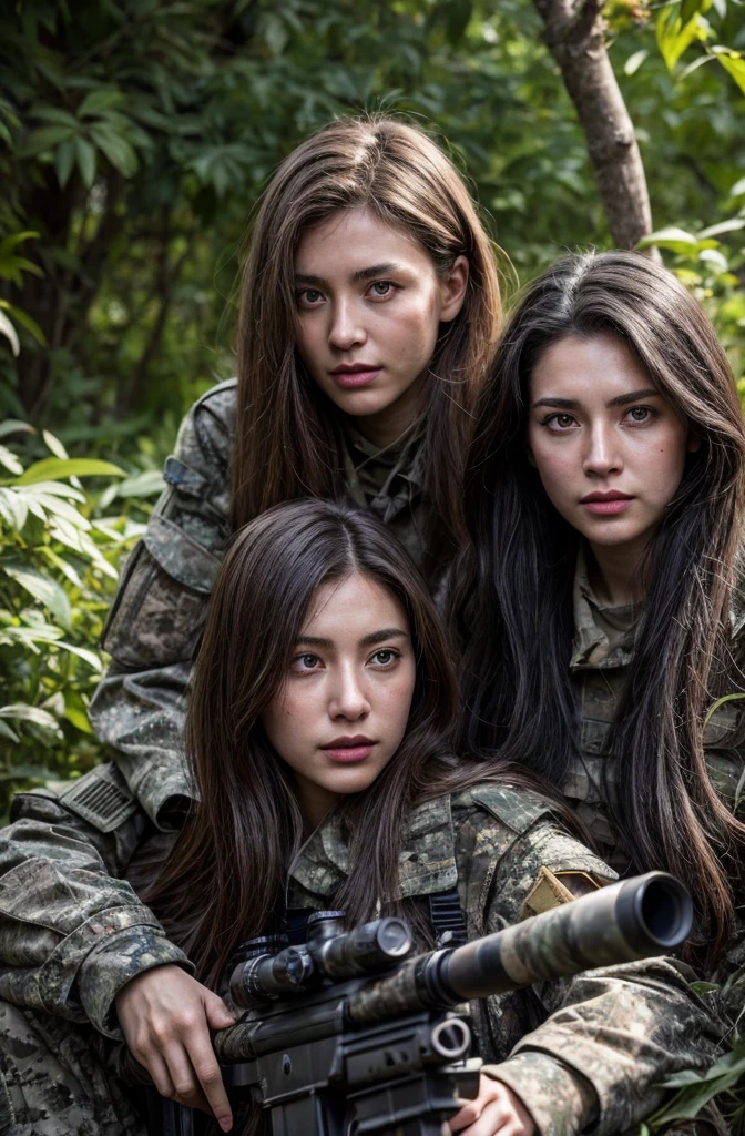 4K image of a female sniper and next to her a male sniper hiding in the leaves., Wearing a ghillie suit., Wearing a sniper style camouflage uniform. ,Dark color, Masterpiece, Soft lighting and atmosphere, (god light)