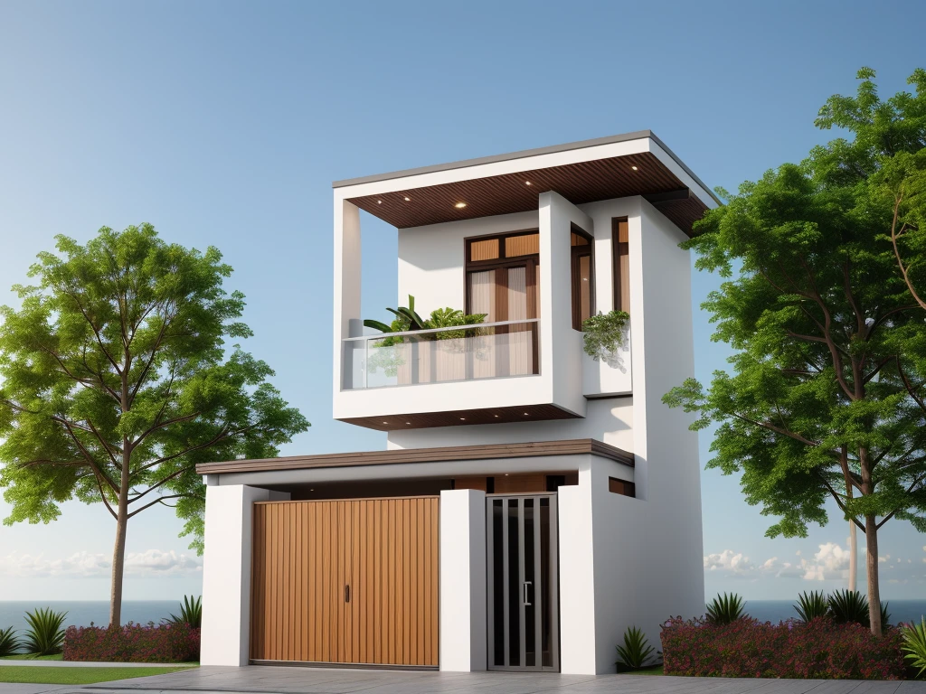 PLATFORM KTHOUSE, 1 morden villa, main material of villa about build color wall:1.2 glass panel:1.1 and stone:1.2, 1large yard, 1 road runs in front of the house, (RAW photo, real, best quality, masterpiece:1.2), look morden minimalist, blue sky :1.3, (hyper realistic, photo-realistic:1.2), high quality, (dawn lighting:1.3), perfect lighting, archdaily