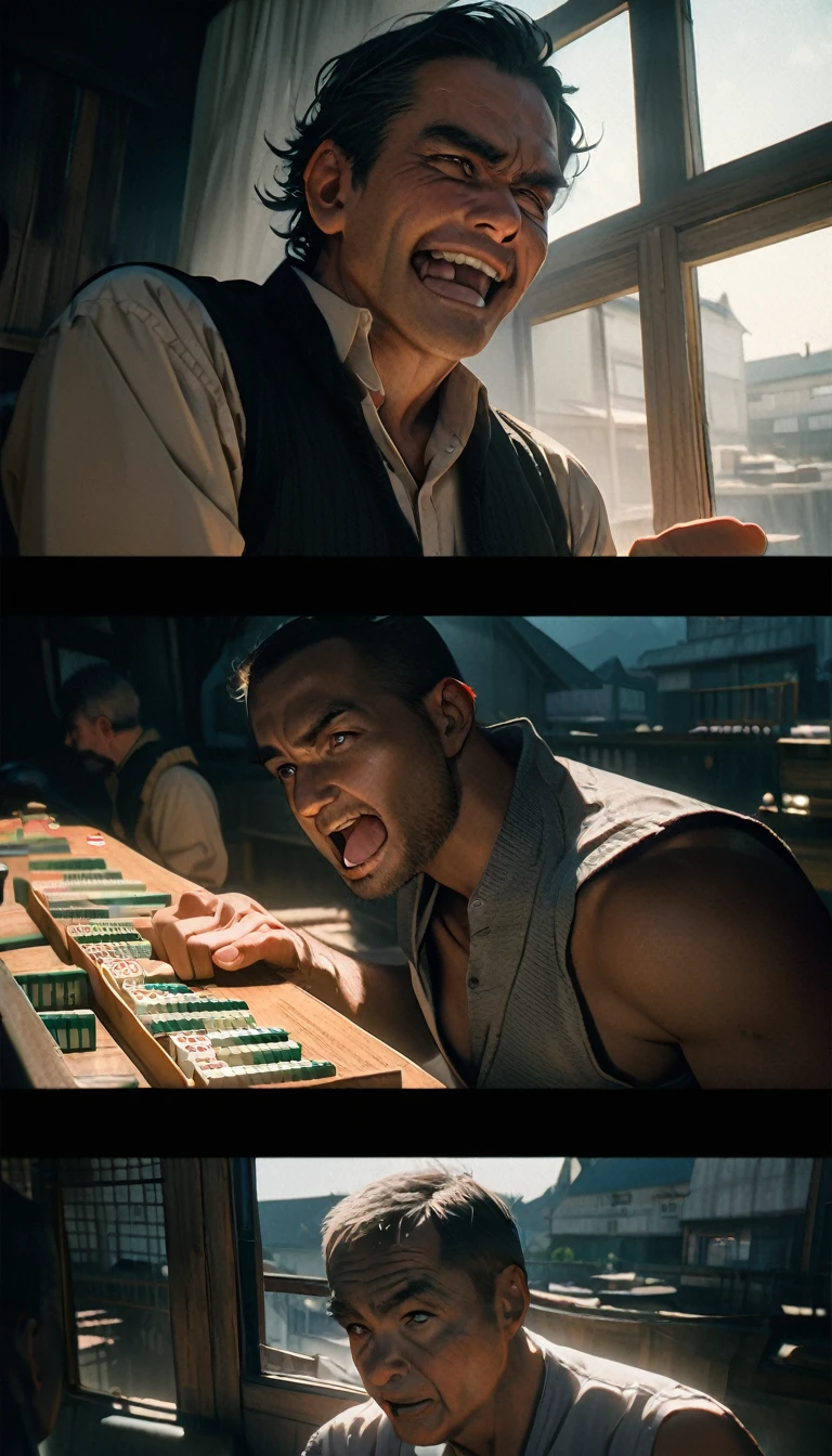 (8K, RAW photos, best quality, masterpiece: 1.4), (((Four middle-aged men playing mahjong)))，Ultra-high resolution, Extremely detailed, light, Close-up of the second floor window, Greasy man, Scruffy hair, Dark skin,dark, Sleeveless vest, Open your mouth to argue,(perfect anatomy:1.2), High-quality shadows, Natural Lighting, (White highlights:1.2), night, cloudy day, (Looking inside the house from the second floor window:1.2), (Room:1.2)