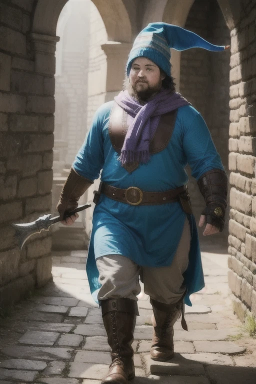 A chubby anthropomorphic orange lizard with blue stripes wearing, a sleavless tunic, a scarf, a wizard hat, pants, boots, and gauntlets, in walking through a dungeon, very detailed,