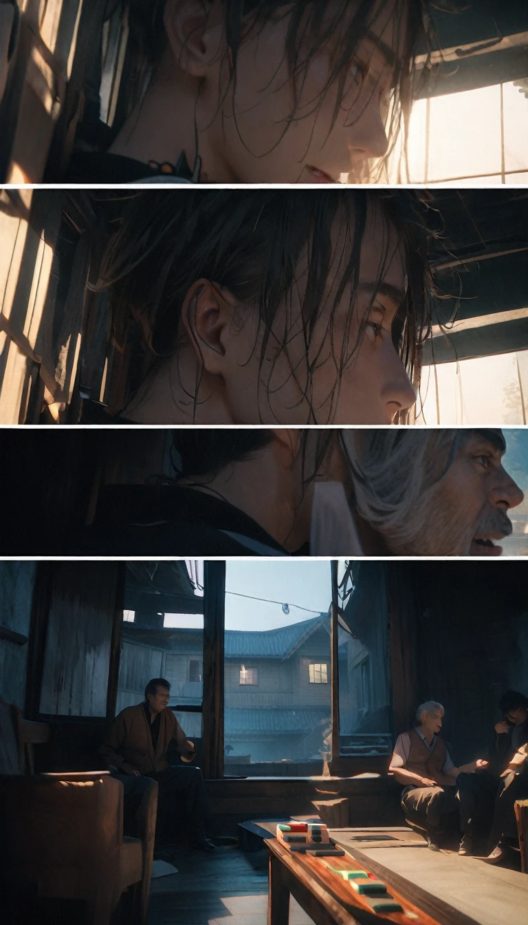 (8K, RAW photos, best quality, masterpiece: 1.4), (((Four middle-aged men playing mahjong))),Ultra-high resolution, Extremely detailed, light, Close-up of the second floor window, Greasy man, Scruffy hair, Dark skin,dark, Sleeveless vest, Open your mouth to argue,(perfect anatomy:1.2), High-quality shadows, Natural Lighting, (White highlights:1.2), night, cloudy day, (Looking inside the house from the second floor window:1.2), (Room:1.2)