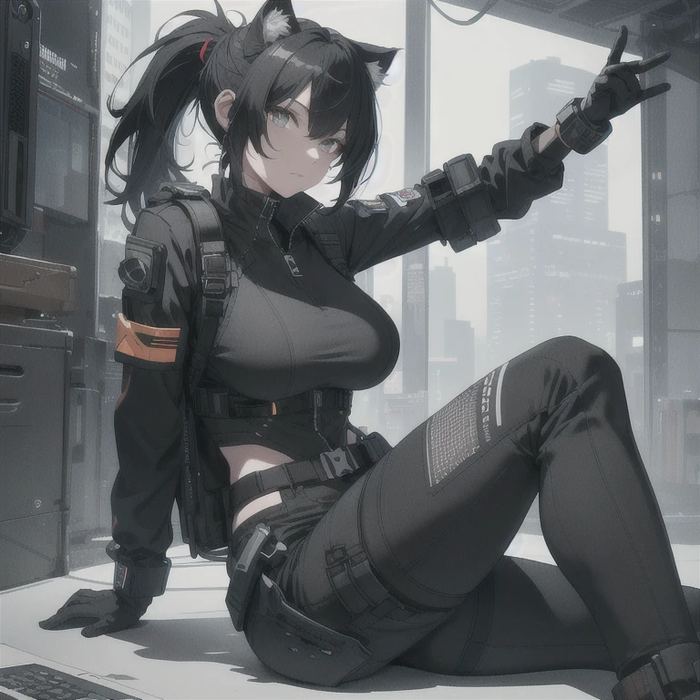 Absurd resolution, high resolution, (masterpiece: 1.4), hyper-detail, full body shot, solo, 1 kemono feline cat woman, black hair, messy ponytail, cute face, detailed soft grey eyes, extremely large bust, huge hyper super swollen breasts, wide full hips, narrower torso, smaller torso, full thicc soft thighs, rounded full soft butt, monochrome black and grey fullbody covering protective padding pilot rugged utility suit with white chest, scifi padded rugged high collar techwear jacket with white and black triangular decals and techwear iconography, techwear gloves, arm mounted strapped display scifi tablet/communication device/computer, rugged tablet display mounted on MOLLE strap on top of her bust, ruggedized computer tablet mounted above her breasts, ruggedized tech, ruggedized tech aesthetic, fitted utility pants, near future scifi, cyberpunk aesthetic, anime aesthetic