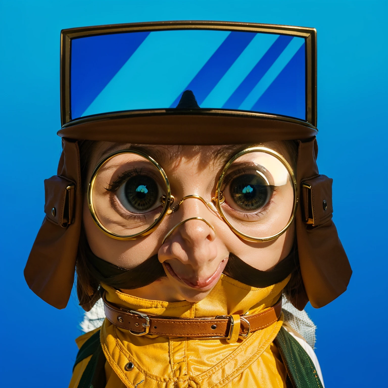 A charming cartoon bird character with large, sparkling eyes looking directly at us. The bird has a green and white face with a prominent big black beak. It wears a brown aviator's helmet with detailed straps and buckles, and large, square, reflective goggles, but these are positioned on top of the bird's head rather than being worn properly. The background is a simple, solid white, highlighting the character and adding to the adventurous feel of the image. The art style is vibrant and expressive, capturing a sense of excitement and playfulness