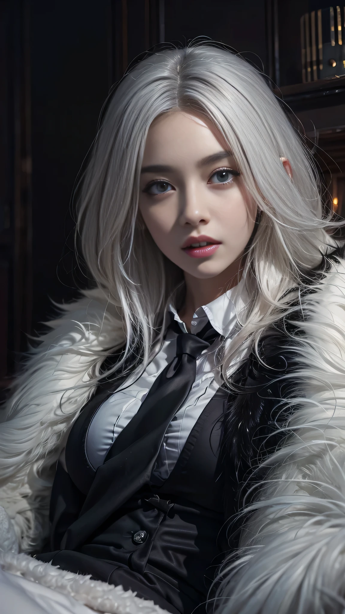 Portrait photo of a girl, Photorealistic, High resolution, 1 Women, Solo, waist-up, Beautiful eyes, Close lips, Detailed face, White hair, Long hair, Collared shirt, black necktie,Black skirt, pencil skirts, Fur coat, Stockings、(woman lying on a fur bed）、Shyness