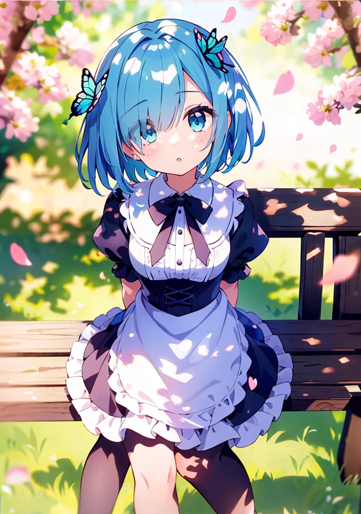 1girl, rem \(re:zero\), re:zero kara hajimeru isekai seikatsu,maid,maid dress,katyusha,sitting on the seat,holding knees,a glimpse of white panties,smile,natural lighting, outdoor picnic, sunny day,masterpiece, best quality, absurdres,,angle from below