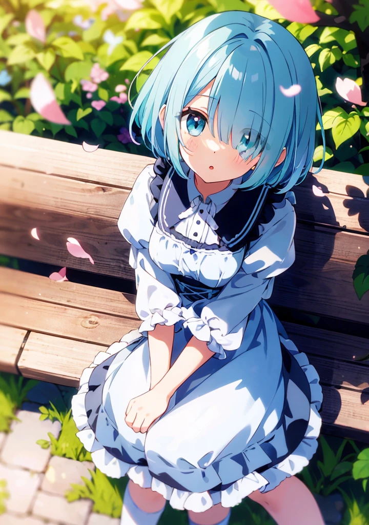 ((solo:1.2)),cute girl sitting on bench in garden,frilled dirndl,from above,looking up,cobblestone pavement,aqua hair,fine bob cut,(hair over one eye),(dappled sunlight:1.2),blurry,(depth of field:1.1),head tilt,:o,(petals),tree,butterfly
