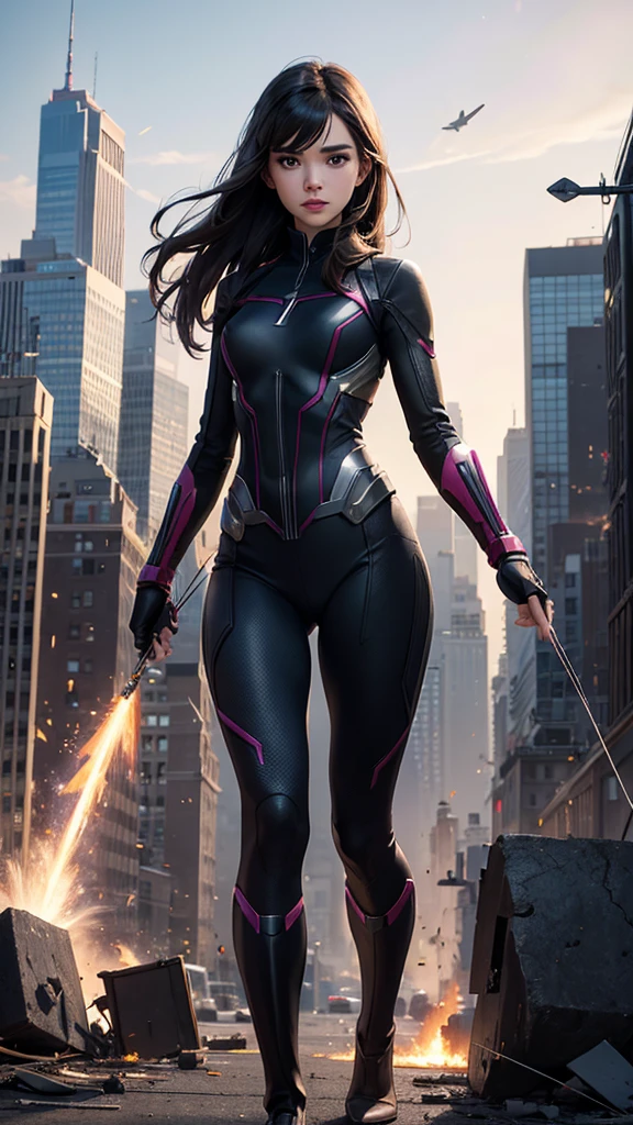 Kate Bishop Hawkeye, (hailee steinfeld), marvel multiverse, classic suit, traje de super Hero, Bow and arrows, beautiful, YOUNG, sexy, very thin body, small and beautiful breasts, nalgas pequeñas y beautifuls, toned abdomen, small waist, Hero, powerful, fighting in New York City, very tall buildings, avengers tower building, alien invasion, Explosions, destruction, burning buildings, realist, Excellent quality, 4k, great definition, imagen realist com gran profundidad, Maximum details,