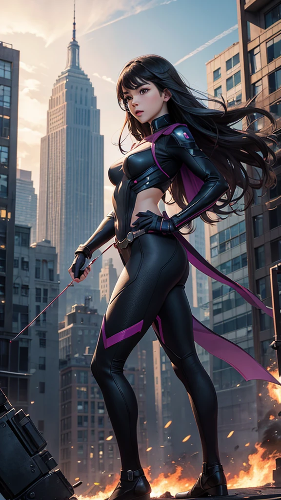 Kate Bishop Hawkeye, (hailee steinfeld), marvel multiverse, classic suit, traje de super Hero, Bow and arrows, beautiful, YOUNG, sexy, very thin body, small and beautiful breasts, nalgas pequeñas y beautifuls, toned abdomen, small waist, Hero, powerful, fighting in New York City, very tall buildings, avengers tower building, alien invasion, Explosions, destruction, burning buildings, realist, Excellent quality, 4k, great definition, imagen realist com gran profundidad, Maximum details, 