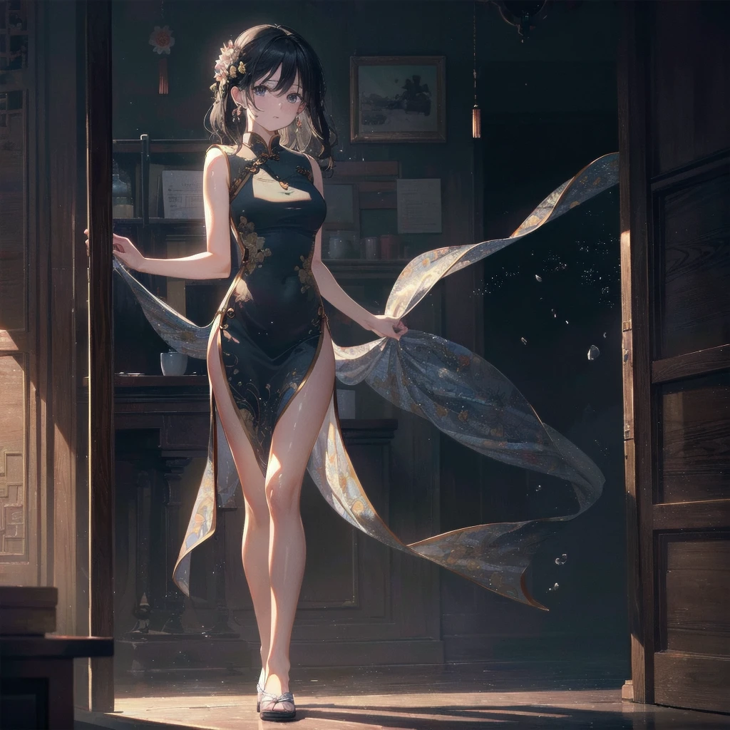 absurdres, RAW photo, extremely delicate and beautiful, masterpiece, Best Quality, ultra high resolution, 32k, hyperrealistic, ultra-detailed, perfect figure, in her 20s, very small head, very small face, delicate facial features, tearful mole, earring, huge , legs, full body shot, medium hair, black hair, cheongsam, sleeveless, deep slit,