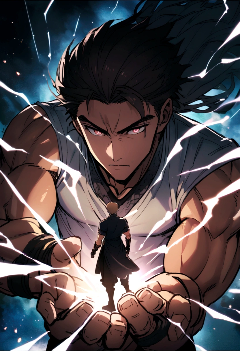 Muscular man with eyes rolled back after 々Teenage male android