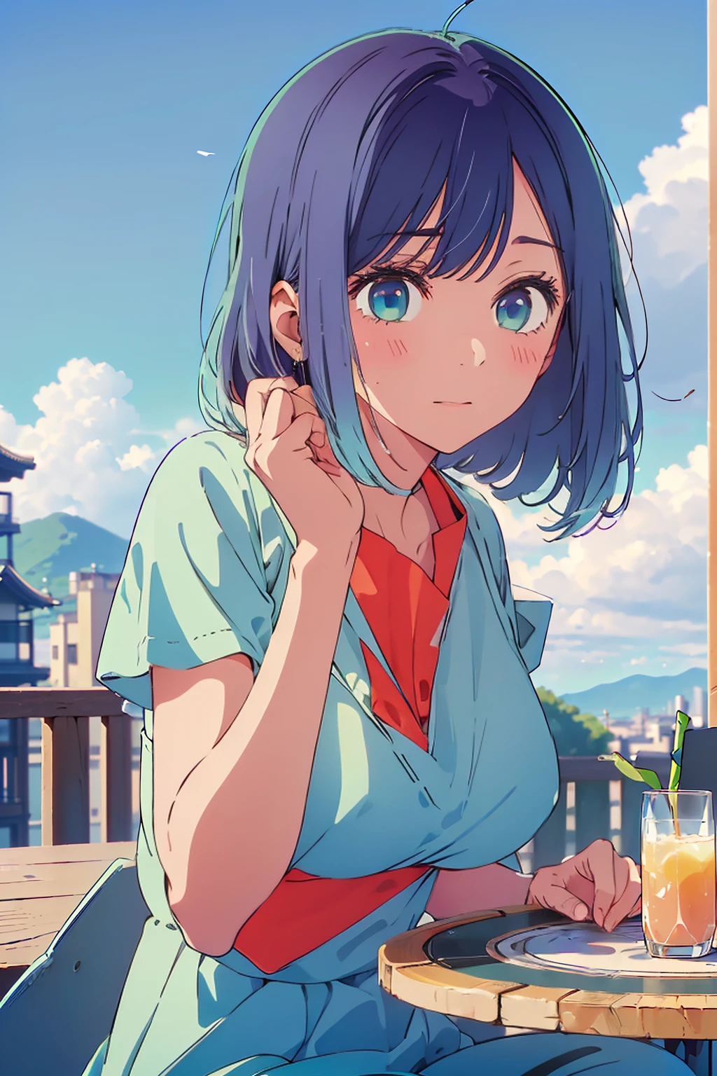 (Highest quality:1.4、masterpiece:1.4、Super detailed:1.4、Ultra-high resolution:1.4、8K:1.4)、F cup bust、Big Breasts、Slim body、((((1 person、Surprised expression、sit、Chair、In the background are the urban buildings of Tokyo、looking at the camera、Outdoor café terrace、coastal、juice、Shooting up close、table、Very cute face))))、(Pose with hands tucked behind ears:1.4、Cheek resting on hand:1.4)、(((nude、very beautiful areola)))、bikini、Sideboob、Nipples、Very blue sky、A completely cloudless sky