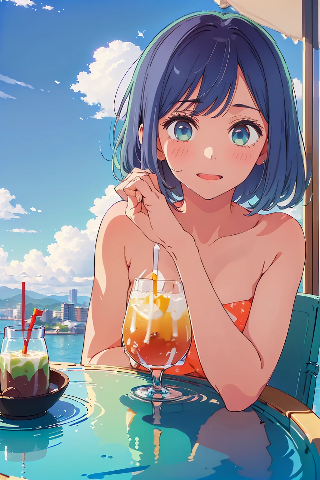 (Highest quality:1.4、masterpiece:1.4、Super detailed:1.4、Ultra-high resolution:1.4、8K:1.4)、F cup bust、Big Breasts、Slim body、((((1 person、Surprised expression、sit、Chair、In the background are the urban buildings of Tokyo、looking at the camera、Outdoor café terrace、coastal、juice、Shooting up close、table、Very cute face))))、(Pose with hands tucked behind ears:1.4、Cheek resting on hand:1.4)、(((nude、very beautiful areola)))、bikini、Sideboob、Nipples、Very blue sky、A completely cloudless sky