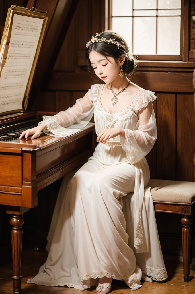 "A young musician sits cross-legged on the floor of her grandmother's attic, surrounded by dusty boxes and old furniture. In her hands, she holds a beautiful, ornate music box passed down to her from her grandmother. As she opens the music box, a soft, ethereal light emerges, enveloping her in a warm glow. In the light, she sees visions of her grandmother's youth, a vibrant world filled with music, dance, and dreams. Inspired by these visions, the young musician closes her eyes and begins to play, filling the attic with the enchanting melody of the music box."