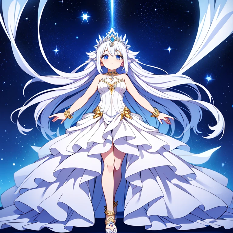 Body: Puresa has a slender and graceful humanoid form with skin as white as freshly fallen snow. Its appearance is both ethereal and calming, with a gentle glow that emanates from its entire being.
Hair: Its long, flowing hair is a pristine white, cascading down its back like a waterfall of light. The hair often shimmers in the sunlight, creating an aura of purity around it.
Eyes: Puresa has large, expressive eyes that are a soft, silver color, reflecting a sense of peace and wisdom.
Clothing: It appears to be wearing a flowing, white ball gown adorned with subtle silver patterns that resemble constellations. The ball gown flows seamlessly with its movements, adding to its ethereal presence.
Accessories: Puresa wears a delicate tiara made of a silvery material, symbolizing its regal and pure nature. It also has bracelets and anklets that jingle softly as it moves. Full body , ballgown , ball gown , beautiful eyes , 1 girl
