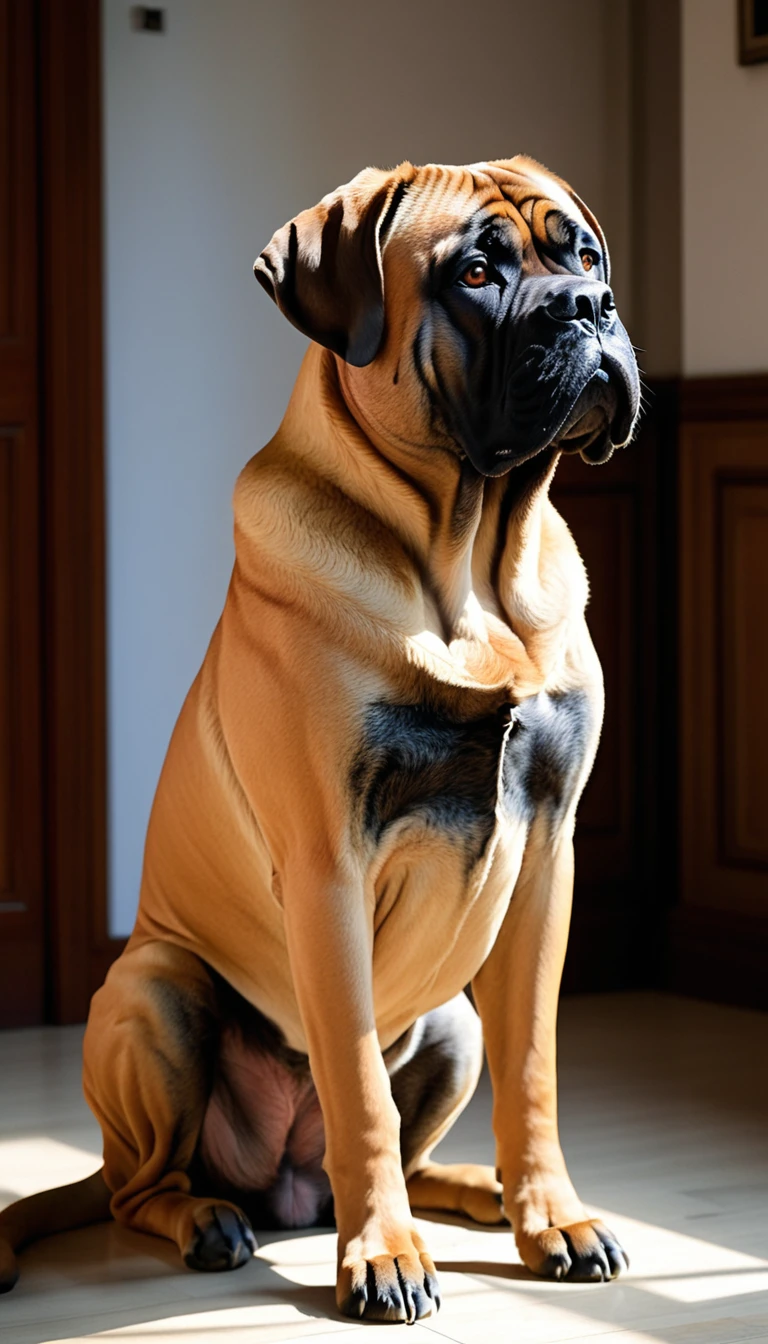 There is no one, realistic photo, photo realism, realism, bullmastiff (Bullmastiff), perfect composition, intricate details, Very sharp, masterpiece, profile, high resolution, looking at the viewer, Full body photo in a comfortable atmosphere indoors