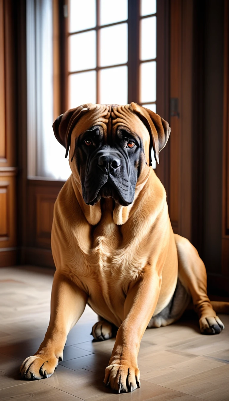 There is no one, realistic photo, photo realism, realism, bullmastiff (Bullmastiff), perfect composition, intricate details, Very sharp, masterpiece, profile, high resolution, looking at the viewer, Full body photo in a comfortable atmosphere indoors