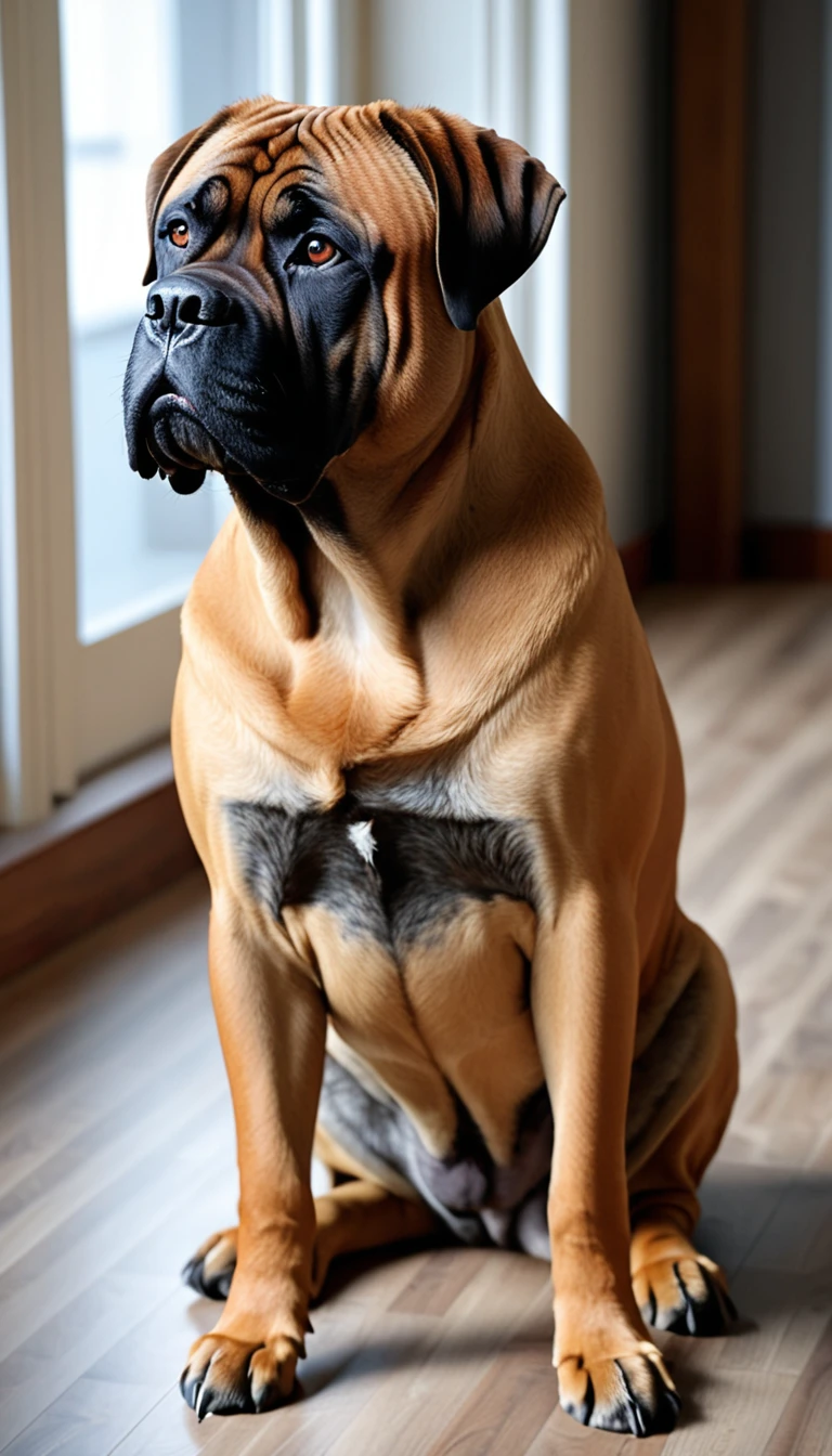 There is no one, realistic photo, photo realism, realism, bullmastiff (Bullmastiff), perfect composition, intricate details, Very sharp, masterpiece, profile, high resolution, looking at the viewer, Full body photo in a comfortable atmosphere indoors