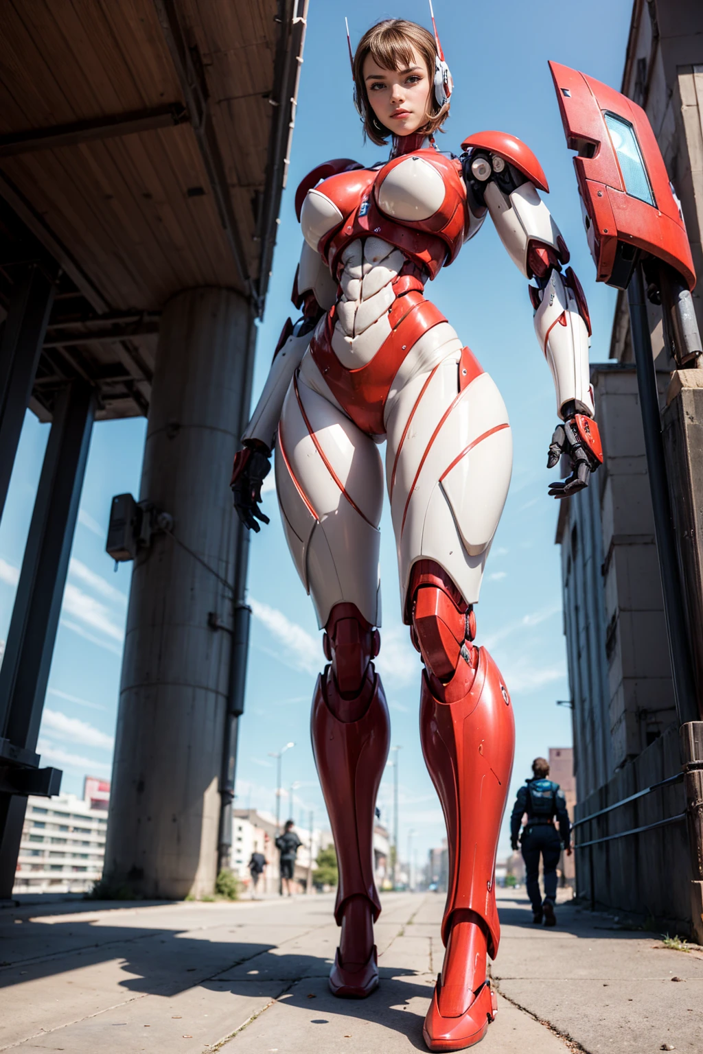 (Muscular:1.8), (thick thighs:1), (large round breasts:1), (large muscular chest and shoulders:1.4), FEMALE, brown hair, long brown hair, (big smile:0), (tight mecha arm, tall cute red cyborg:1.5), looking at viewer, (three quarter view:1.3), upper body view, (futuristic sidewalk:1.5), dark lighting, detailed skin, detailed eyes, (dark skin:1.), (very thin waist:1.3), (huge round muscles:1.5), (one protagonist:1.5), (tall:2.1), (pose:1.6),