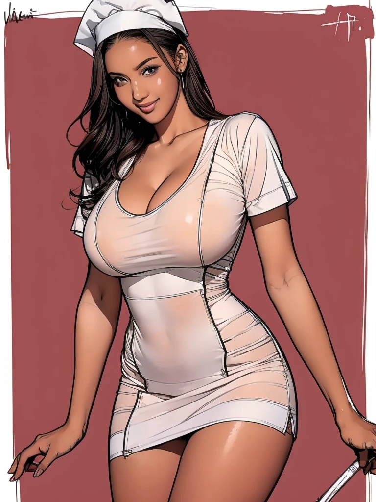 ((masterpiece)),(((Highest quality))),((Character design sheet)),((rough sketch)),((Vulgar)),(Cover Shop)Thick thighs,African Girl,smile,((Between the breasts)),Pussy juice,((Wearing a wet and sexy nurse uniform and nurse cap)),Shirt half lift,milking