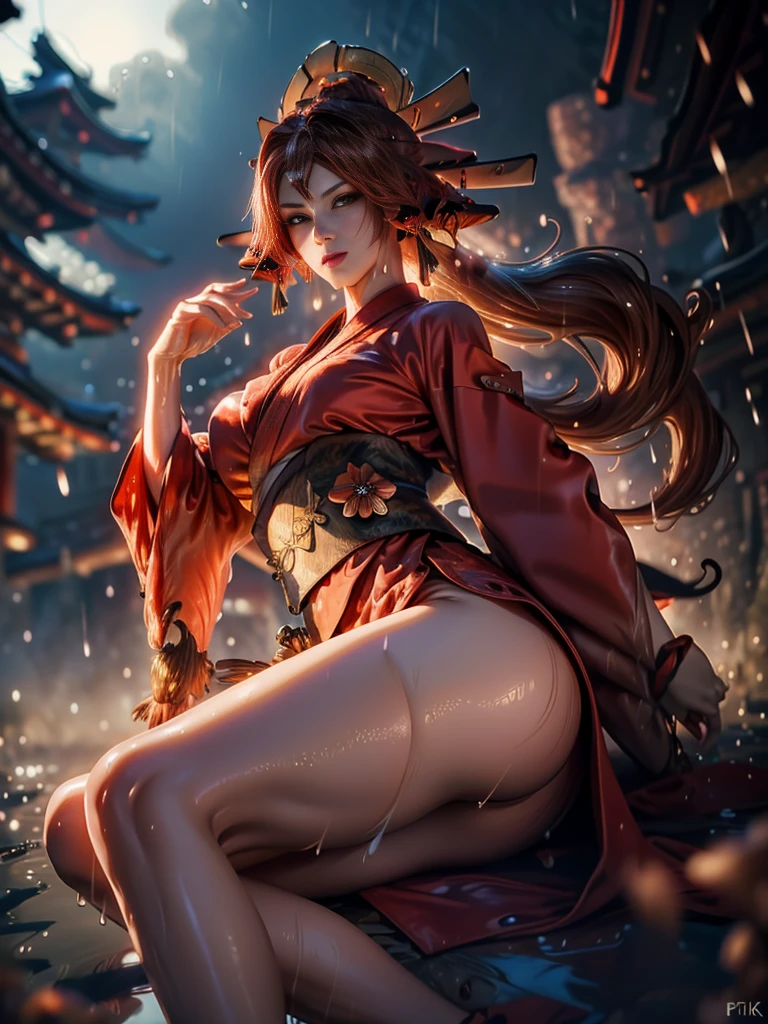 (exquisitely detailed CG unity 8k wallpaper, masterpiece-quality with stunning realism), (best illumination, best shadow), (best quality), (elegant style:1.2), Arti modern anime. angled view, heroic pose, midshot, (cel-shading style:1.3), centered image, ultra detailed closeup portrait of (Mai Shiranui:1) from (King of Fighters), best quality, expressive eyes, perfect face, highres, (ultra details), 1 girl, solo, (brown hair:1), hair ornament, eyeshadow, gold, white and red qipao, highly ornamented, in the city of Japan, portrait, looking at the viewer, piercing eyes, full body, (light from the angle:1) (wind blowing:1.2).(depth of field effects:1.3) (motion action:1.2) (closeup:1.2) (motion blur effects:1), spreading feet, Thin to transparent,see-through,(((Soggy-kimono:1.2))),Lace fabric, (((water-immersed body: 0.9))),jewelry, (lying down:1) (holding an oriental fan:1), (hands down:1), (asian face:1)
