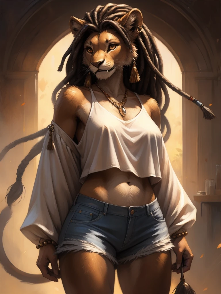 by kenket, by totesfleisch8, (by thebigslick, by silverfox5213:0.8), (by syuro:0.2),  а lion, female, in full growth, brown fur, light brown eyes, long black dreadlock hair with fangs of wild animals on the tips, tail with a tassel at the end and a metal ring at the base of the tassel, wearing short tight denim shorts that, white transparent T-shirt with elbow-length and wide sleeves, bare left shoulder, black lace bra, metallic beads and hoop earrings in the ears