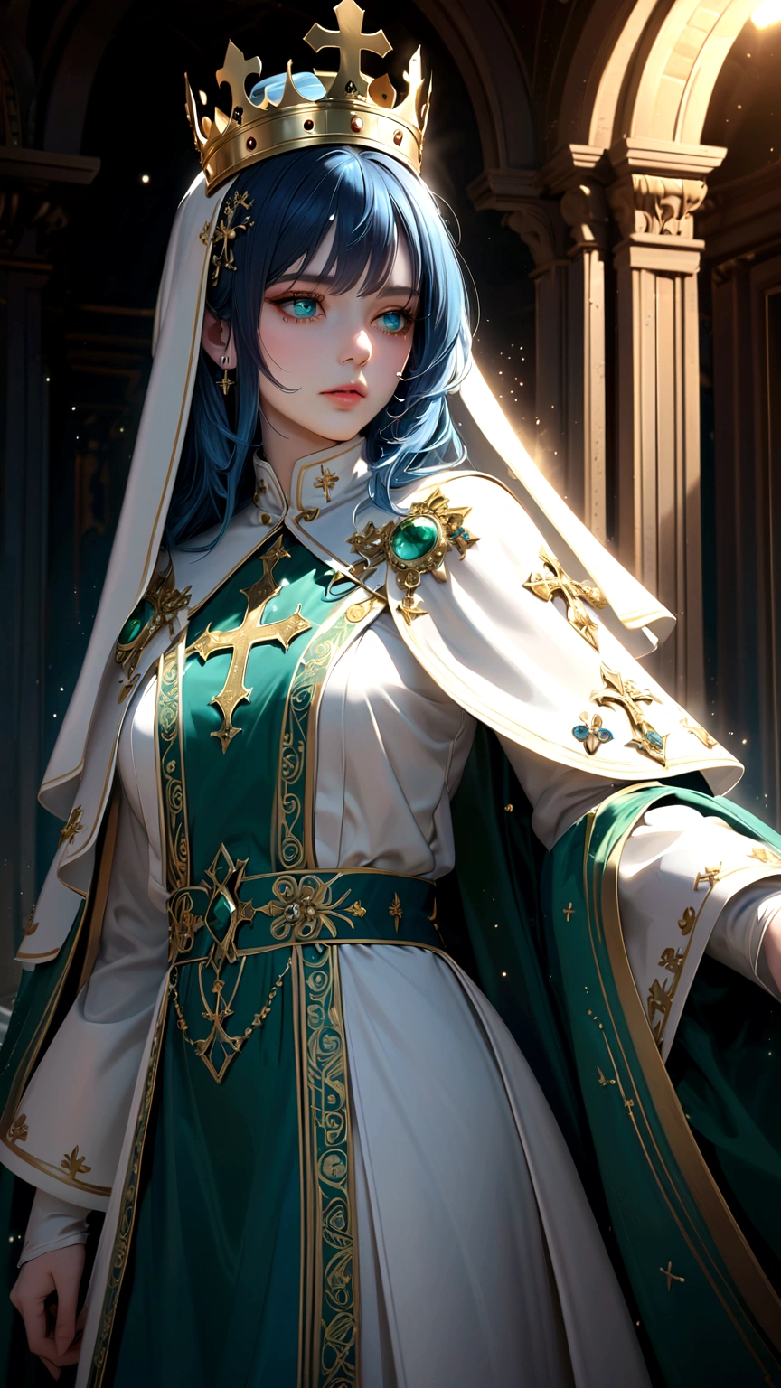 Masterpiece, Best Quality, Super Detailed, High Definition, Expensive Resolution, HDR, Super Detailed CG, Beautiful Details, Depth, Fine Texture, Super Fine, Complete concentration, Pale skin, Queen, confident, black hair, blue hair highlight, beautiful detail eyes, emerald eyes, full details pope outfit, blue trim, crown, 1 female, Cold face and eyes, closed mouth, ethereal atmosphere,luxurious, intricate details, volumetric lighting, atmospheric lighting, lens flare, particles, Cinematic light, colorful light, white colors schemes, standing, fine detail, intricate, extremely detailed eyes and face, expression was arrogant and cold, Posing looks calm and powerful