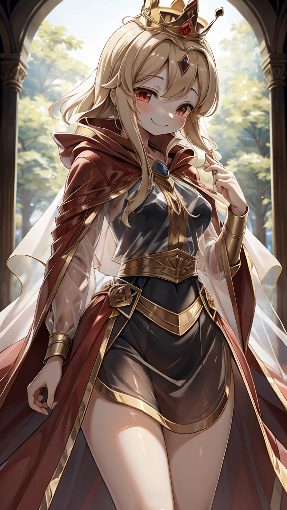 Queen，Innocent expression，Innocent smile，crown，redcloak，Blonde， red，redcloak，cloak，Transparent skirt，Transparent textured skirt，Transparent textured skirt，Transparent shirt，Transparent coat，Transparent coat，Transparent coat，Translucent raincoat，Bottom lining，内衬搭配Transparent coat，半Transparent coat，No nsfw content，Review，Transparent coat，Transparent textured skirt，内容Review