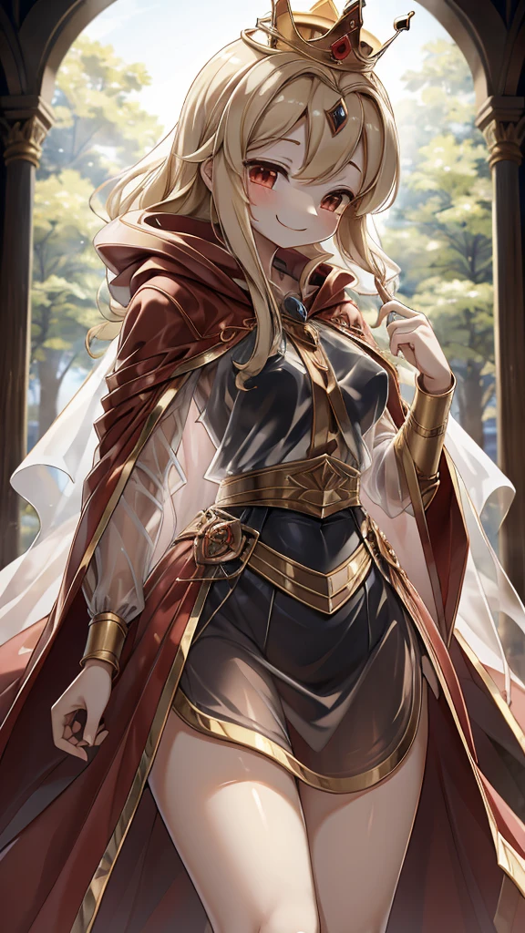 Queen，Innocent expression，Innocent smile，crown，redcloak，Blonde， red，redcloak，cloak，Transparent skirt，Transparent textured skirt，Transparent textured skirt，Transparent shirt，Transparent coat，Transparent coat，Transparent coat，Translucent raincoat，Bottom lining，内衬搭配Transparent coat，半Transparent coat，No nsfw content，Review，Transparent coat，Transparent textured skirt，内容Review