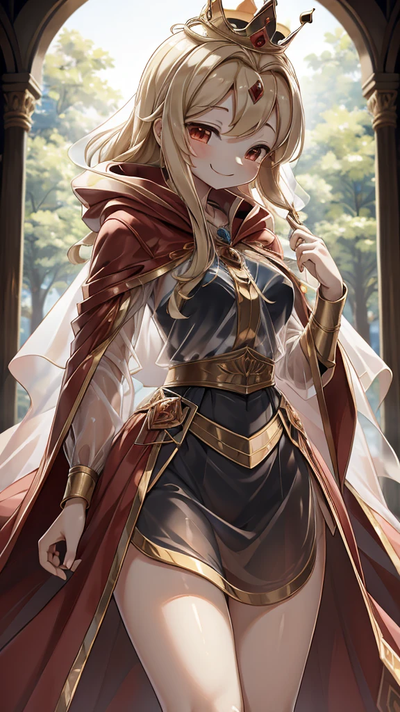 Queen，Innocent expression，Innocent smile，crown，redcloak，Blonde， red，redcloak，cloak，Transparent skirt，Transparent textured skirt，Transparent textured skirt，Transparent shirt，Transparent coat，Transparent coat，Transparent coat，Translucent raincoat，Bottom lining，内衬搭配Transparent coat，半Transparent coat，No nsfw content，Review，Transparent coat，Transparent textured skirt，内容Review