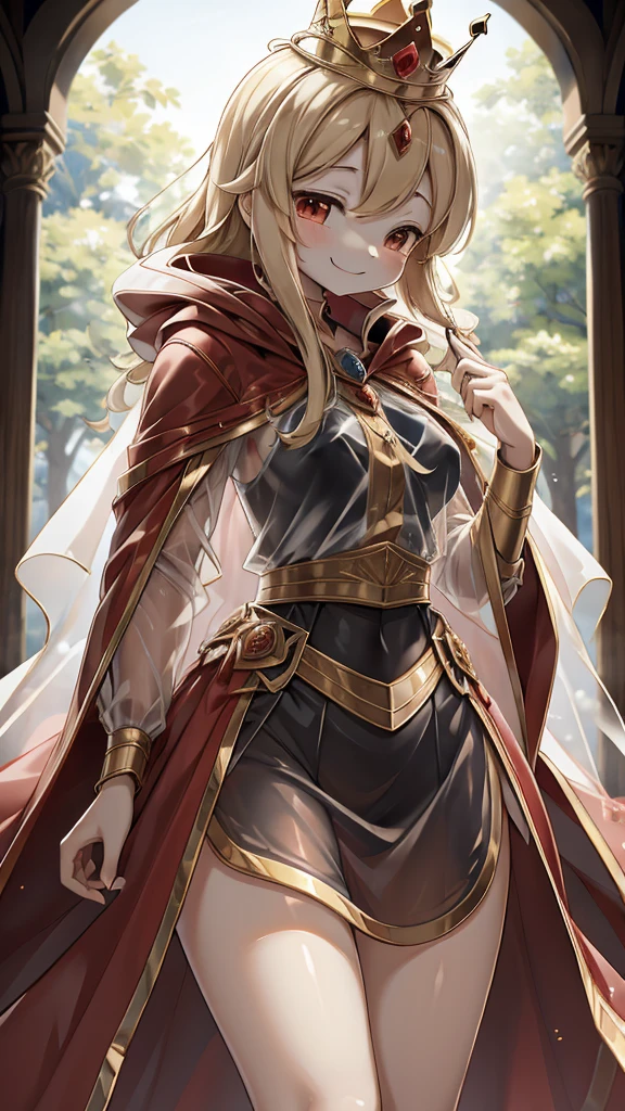 Queen，Innocent expression，Innocent smile，crown，redcloak，Blonde， red，redcloak，cloak，Transparent skirt，Transparent textured skirt，Transparent textured skirt，Transparent shirt，Transparent coat，Transparent coat，Transparent coat，Translucent raincoat，Bottom lining，内衬搭配Transparent coat，半Transparent coat，No nsfw content，Review，Transparent coat，Transparent textured skirt，内容Review