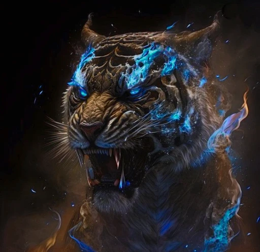 <realistic, intricate details, cinematic), a beautiful black  tiger with blue flames effects