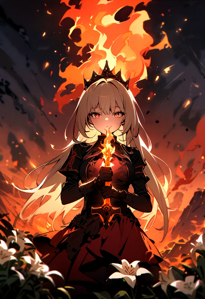 1 Girl, crown,, breathing fire, combustion, Burnt clothes, ember, Ahog, Beige hair, Colorful hair, fire, fire焰, fire焰剑, (Hold the hilt of a sword in your hand), permanent, Long hair, fire力运动, Poker face, smokes, flower(Symbolism), Solitary, fireflower, Sunset, twilight, white flower, Molten Rock, lily (flower), fiery flower, Depth of Field, combustion ,