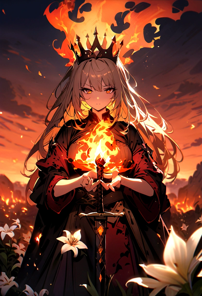 1 Girl, crown,, breathing fire, combustion, Burnt clothes, ember, Ahog, Beige hair, Colorful hair, fire, fire焰, fire焰剑, (Hold the hilt of a sword in your hand), permanent, Long hair, fire力运动, Poker face, smokes, flower(Symbolism), Solitary, fireflower, Sunset, twilight, white flower, Molten Rock, lily (flower), fiery flower, Depth of Field, combustion ,